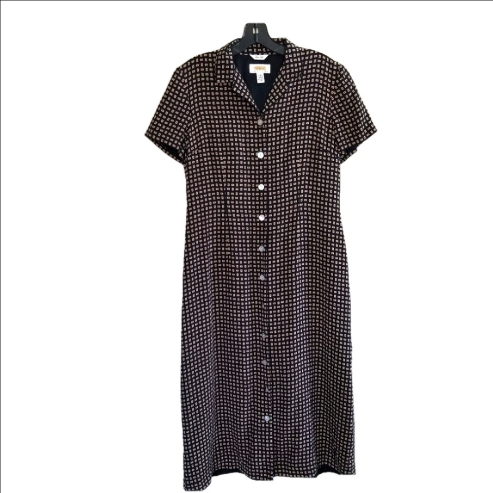 VINTAGE Silk 90's Talbots Button Down Workplace Brown Black Dress Midi Size 10P